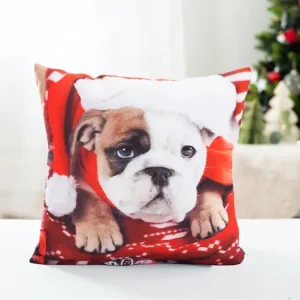 Vánoční povlak na polštář 40 × 40 cm - Buldok s červenou čepičkou Poslední Šance