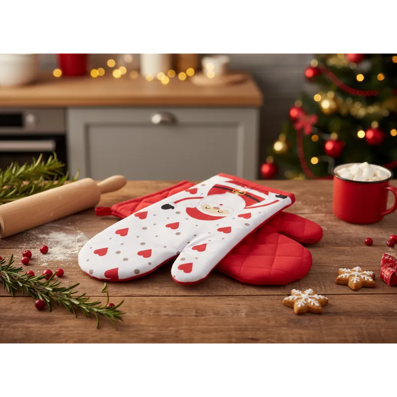 Vánoční kuchyňské rukavice chňapky HAPPY XMAS bílá 18x30 cm 100% bavlna Balení 2 kusy - levá a pravá rukavice. Sezónní Sleva