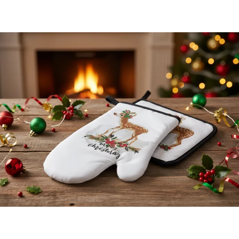 Časově Omezené Vánoční kuchyňský set vánoční rukavice/chňapka JINGLE BELLS bílá/červená 18x30 cm/20X20 cm 100% bavlna Balení 2 kusy - pravá rukavice + chňapka