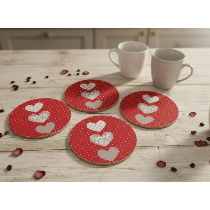 Speciální Cena Sada 4 kusů korkových podtácků pod hrníček AMOUR červená Ø 10 cm