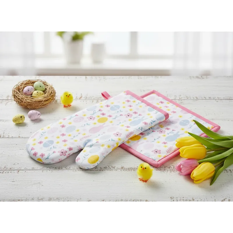 Víkendová Akce Kuchyňský SET rukavice/chňapka EASTER JOY růžová 18x30 cm/20X20 cm , 100% bavlna Balení 2 kusy - pravá rukavice + chňapka