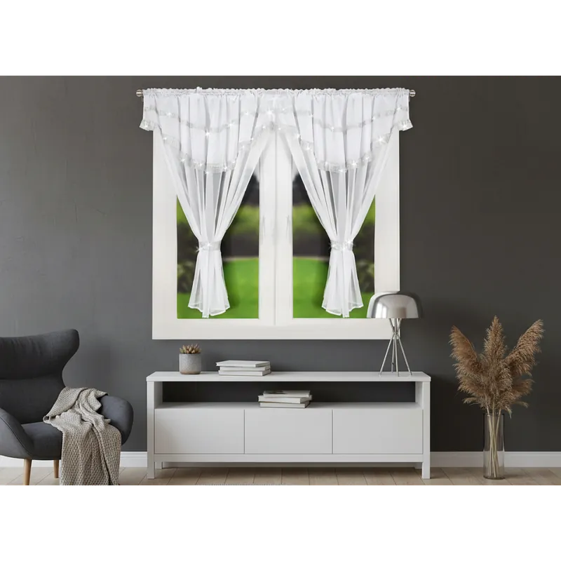 Dekorační krátká záclona s ozdobným volánem se zirkony s řasící páskou SIMONA bílá 400x150 cm MyBestHome CENA JE ZA PRAVÝ A LEVÝ ŠÁL Akce
