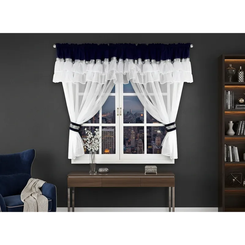 Levný Dekorační krátká záclona s ozdobným volánem se zirkony s řasící páskou FLORENCE bílá/modrá 400x150 cm MyBestHome