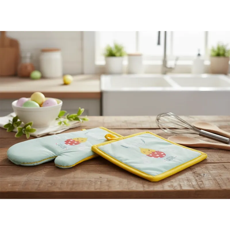 Kuchyňský SET rukavice/chňapka HAPPY EASTER žlutá 18x30 cm/20X20 cm , 100% bavlna Balení 2 kusy - pravá rukavice + chňapka Nová Kolekce