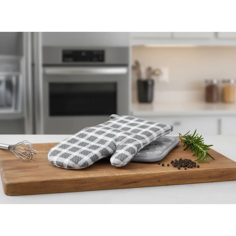 Vysoce Kvalitní Kuchyňský SET rukavice/chňapka COCINE šedá 18x30 cm/20X20 cm , 100% bavlna Balení 2 kusy - pravá rukavice + chňapka