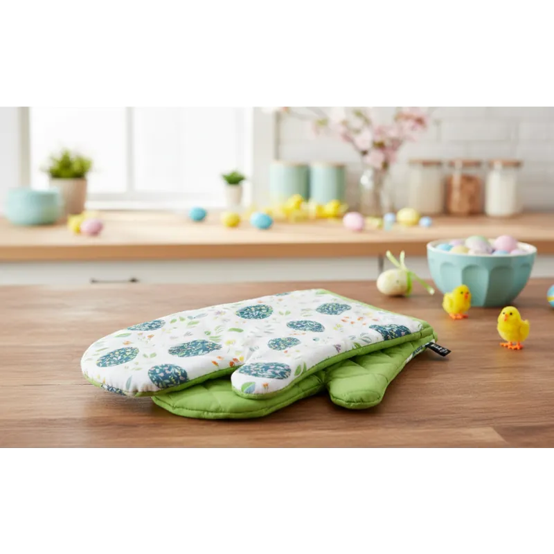Nejprodávanější Kuchyňské bavlněné rukavice - chňapky FESTIVE EGGS zelená 100% bavlna 19x30 cm Balení 2 kusy - levá a pravá rukavice.