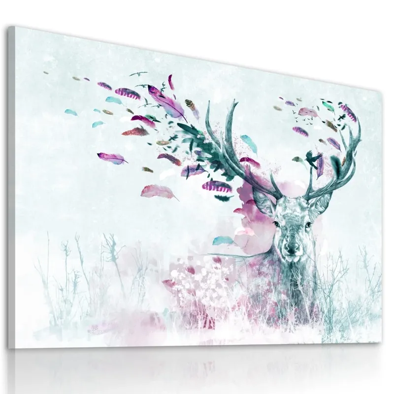 Speciální Cena Obraz na plátně DEER WITH FEATHERS - PINK 80x60 cm Ludesign