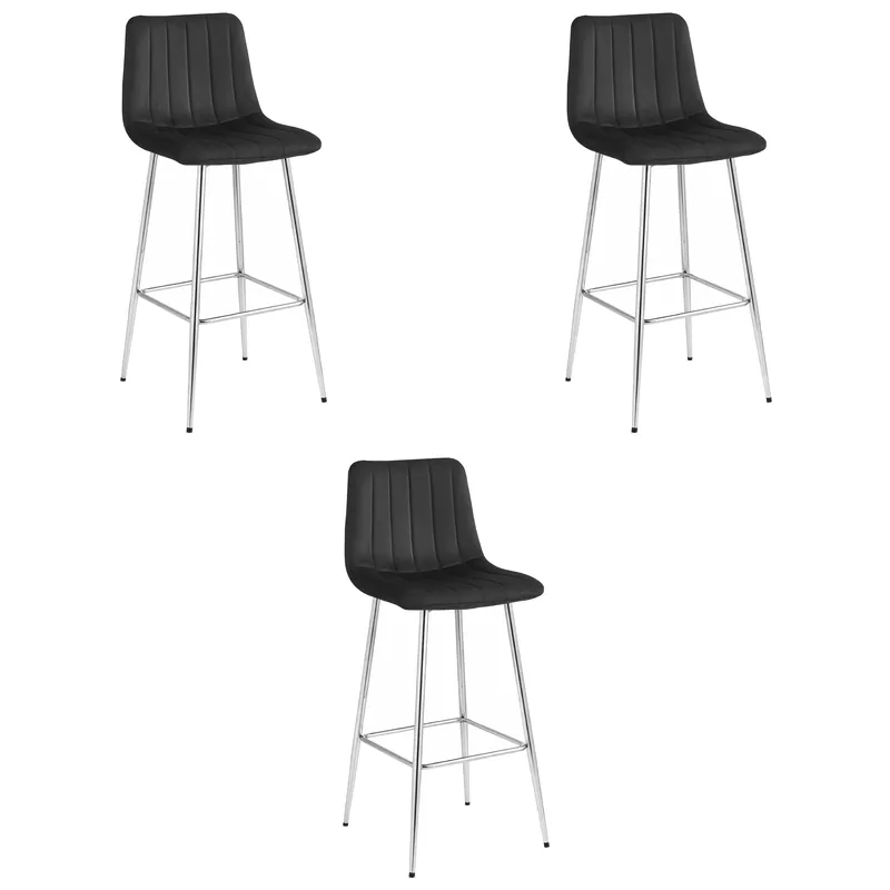 Speciální Cena Set tří barových židlí POZZA sametové, černé / stříbrné nohy (3 ks)