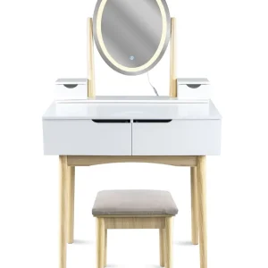 Toaletní stolek GLAM s LED zrcadlem bílý / naturální, béžová taburetka Omezená Nabídka
