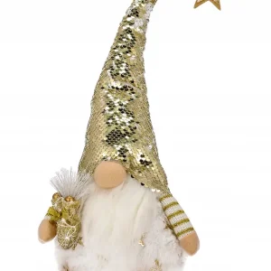 Zlevněný Vánoční dekorace skřítek s flitrovaným kloboukem 48 cm