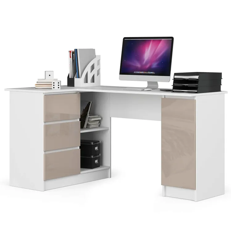 Nová Kolekce Rohový kancelářský stůl B20 155 cm levý, bílý / cappuccino lesk