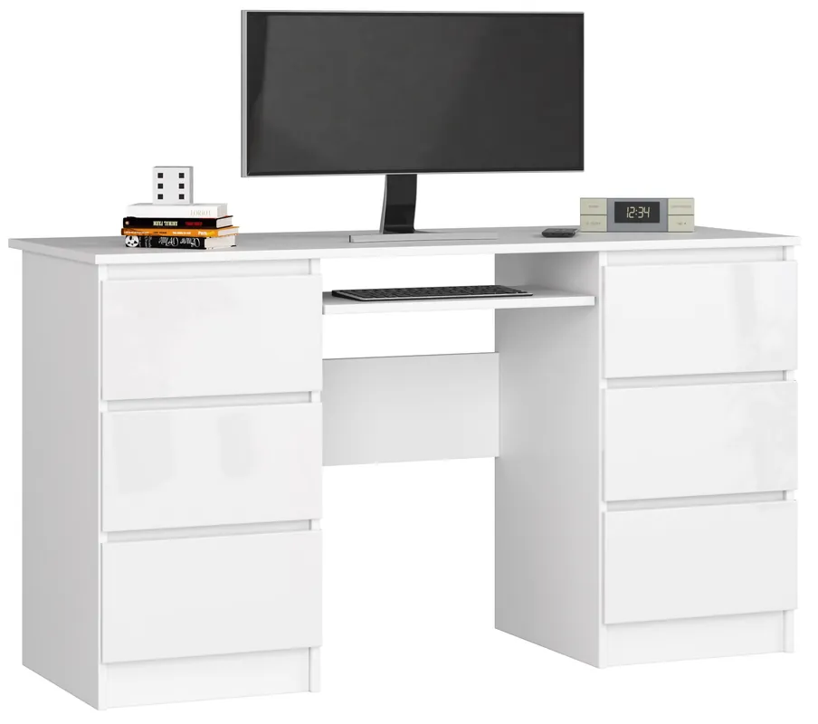Aktuální Kancelářský stůl A-11 135 cm 6SZ, bílý/bílý lesk