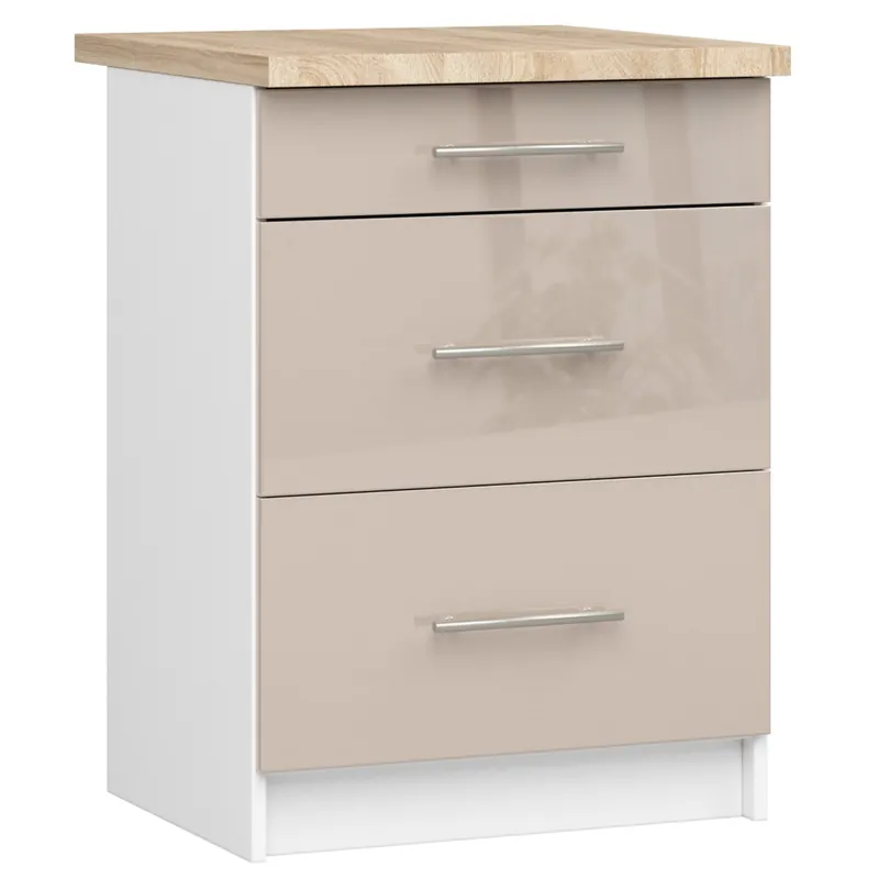 Rychlé Dodání Spodní kuchyňská skříňka s deskou OLIWIA S60 3SZ bílá / cappuccino, lesk