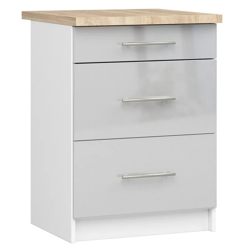 Vysoce Kvalitní Spodní kuchyňská skříňka s deskou OLIWIA S60 3SZ bílá / metalická, lesk