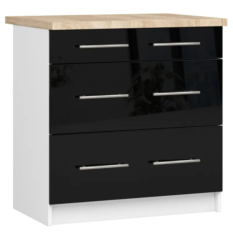 Víkendová Akce Spodní kuchyňská skříňka s deskou OLIWIA S80 3SZ bílá / černá, lesk