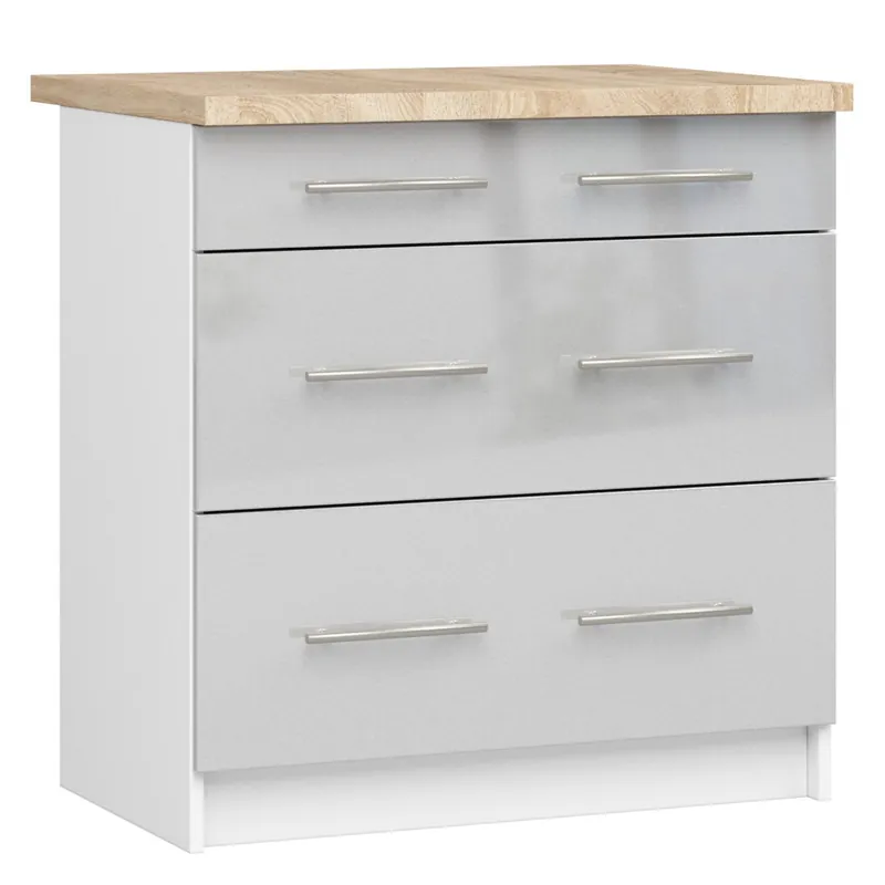 Spodní kuchyňská skříňka s deskou OLIWIA S80 3SZ bílá / metalická, lesk Sezónní Sleva