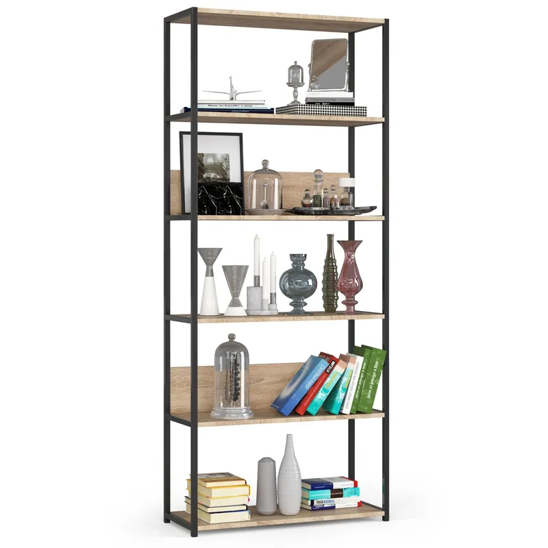 Nová Kolekce Kovový regál 80 cm, 6 polic, černý / dub sonoma