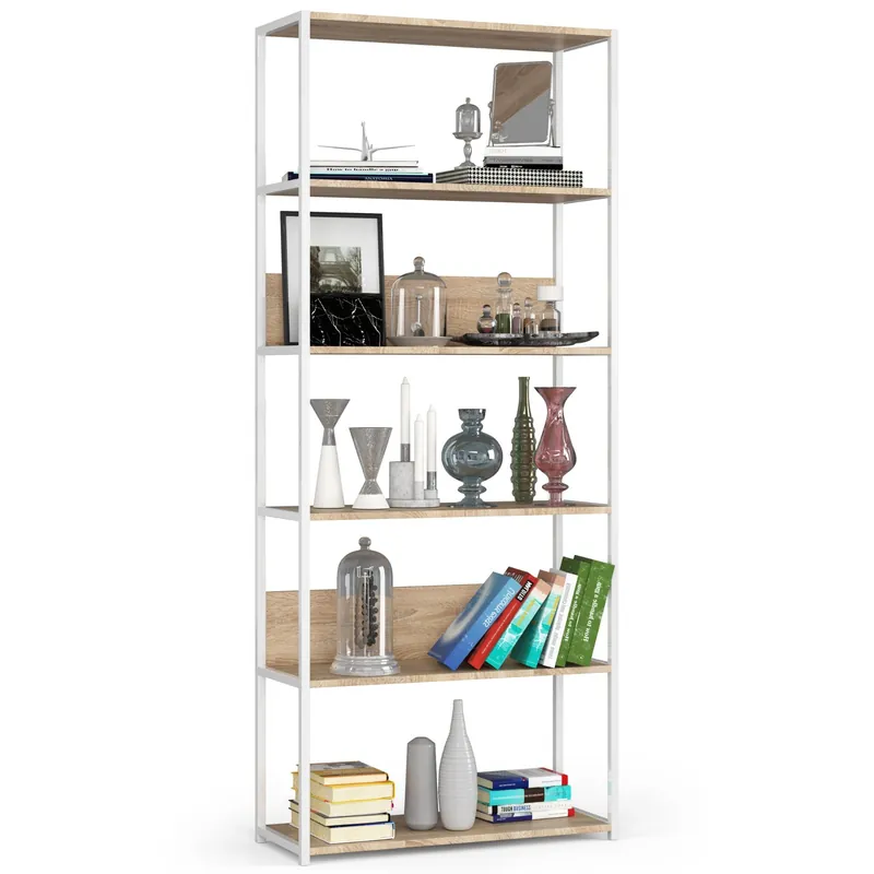 Kovový regál 80 cm, 6 polic, bílý / dub sonoma Akční Nabídka