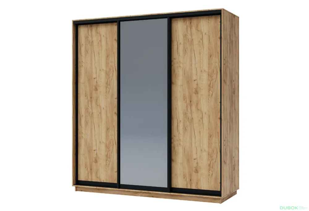 Zlevněný Skříň 200x240x60 dub kraft zlatý, 2 dřevotříska+1 zrcadlo grafit, černý matný profil