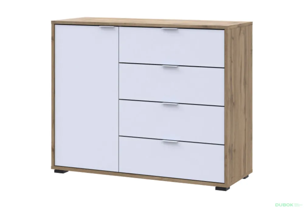 Komoda s dvířky a 4 zásuvkami C1 100 cm Dub taho / Bílý Sleva