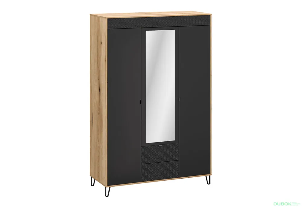 Skříň třídveřová se zrcadlem a zásuvkami Bellano 145x200x56 cm Dub evoke / Černá Aktuální