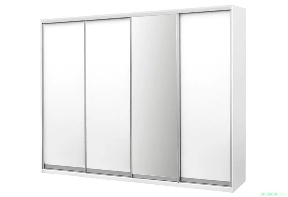 Akční Nabídka Skříň 4D 2500x2400x600, 3 DTD + 1 zrcadlo, bílá