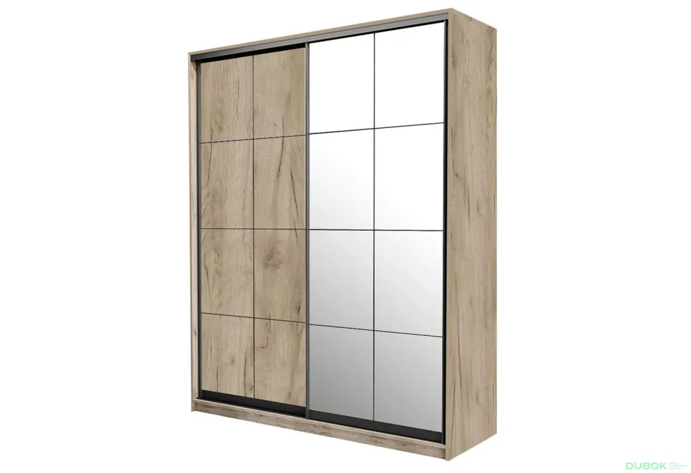 Levný Skříň 2D Loft 1500x600x2400, DTD + zrcadlo, Lines BL, Dub kraft šedý