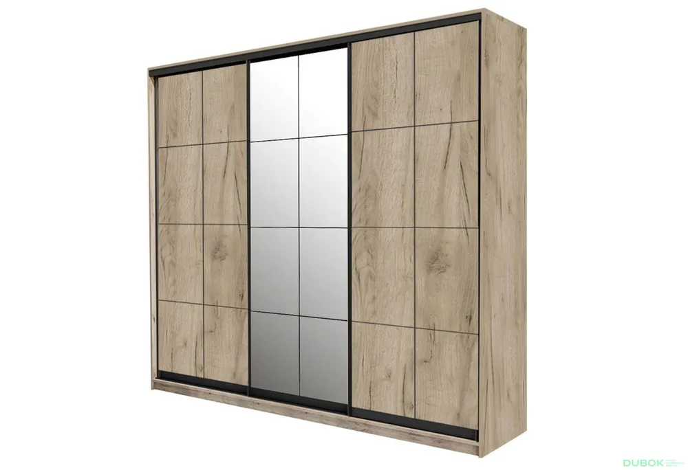 Levný Skříň 3D W Loft 1800x600x2400, 2 DTD + 1 zrcadlo Lines BL, Dub kraft šedý