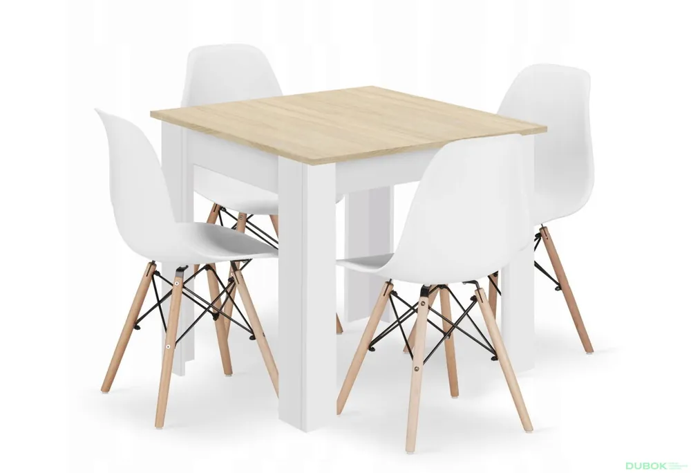 Zlevněný Sada čtvercový stůl 80x80 dub sonoma + 4 židle OSAKA bílé