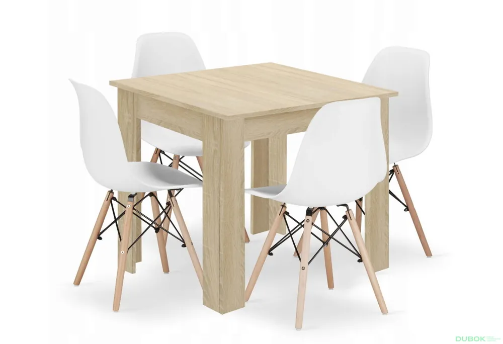 Sada čtvercový stůl 80x80 dub sonoma + 4 židle OSAKA bílé Omezená Nabídka
