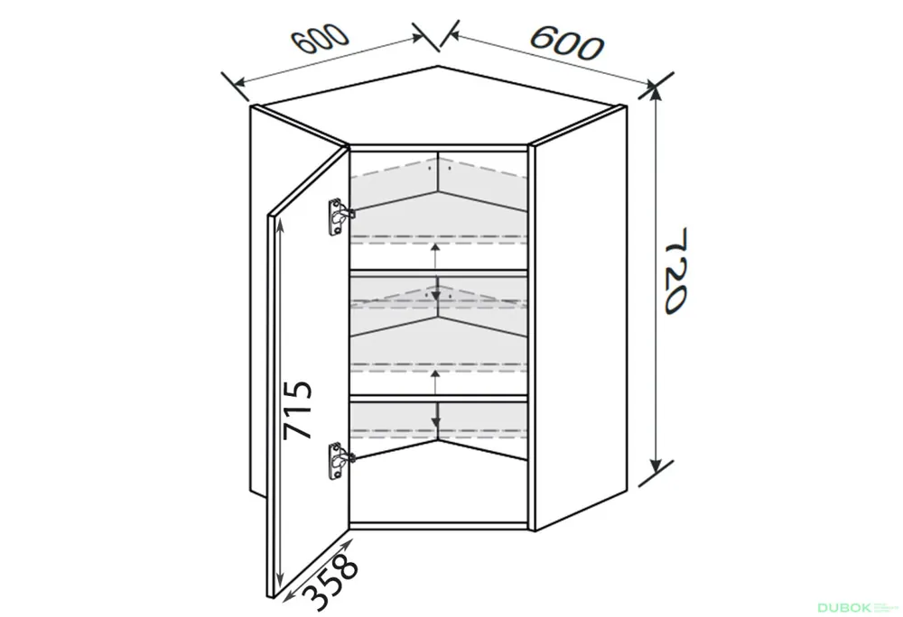 Odeslání Ihned Vrchní roh 45°/720 (600x600) 1 dvířka levý Millenium