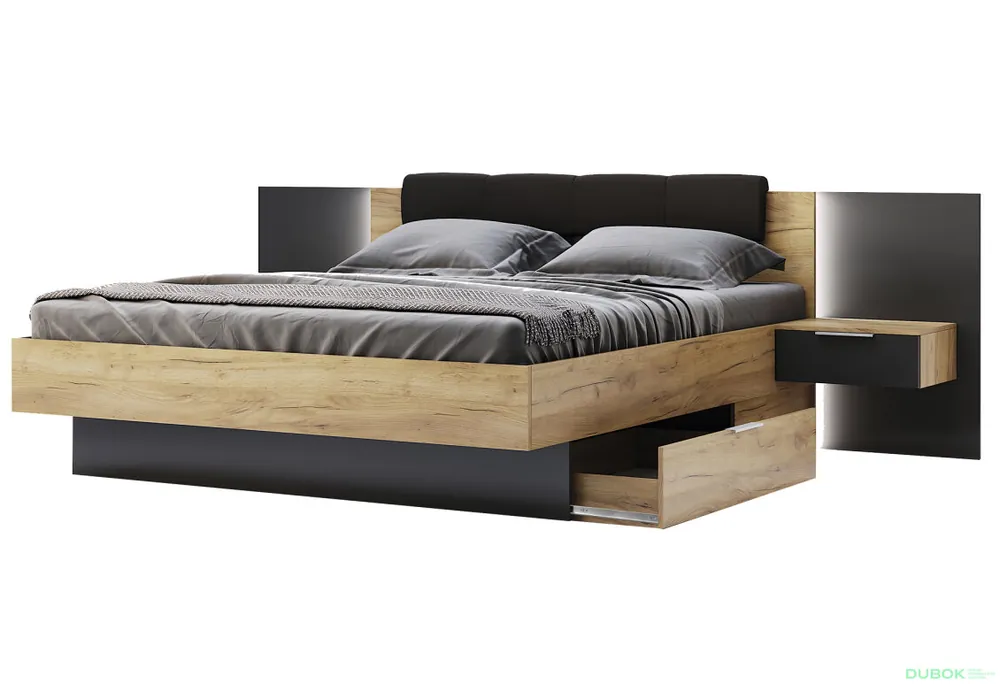 Vrácení Zdarma Sada Postel 180x200, měkké čelo, s nočními stolky (bez rámu) Lava / dub kraft Luna