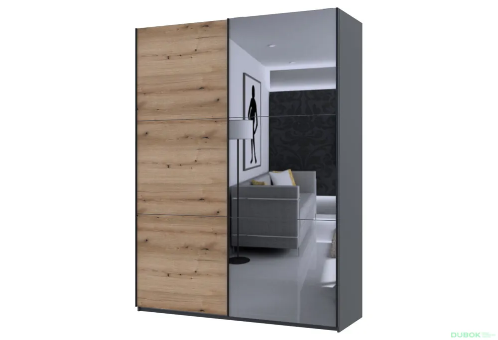 Skříň G-Caiser Doros s 2 dveřmi DTD + zrcadlo, 180 cm, grafit / dub evok Akce