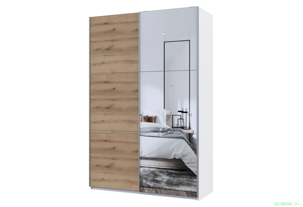 Skříň G-Caiser Doros s 2 dveřmi DTD + zrcadlo, 160 cm, bílá / dub evok Jen Po Omezenou Doba